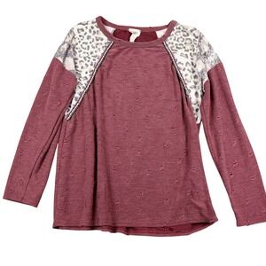 BiB! Distressed Leopard Snake Print Raglan Long‎ Sleeve Burgundy M Vintage Y2K